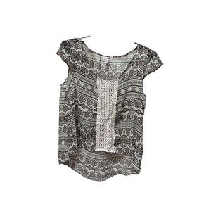 Bongo Sheer Short Sleeve Top Womens Sz Large Lace Front Aztec Print High Low